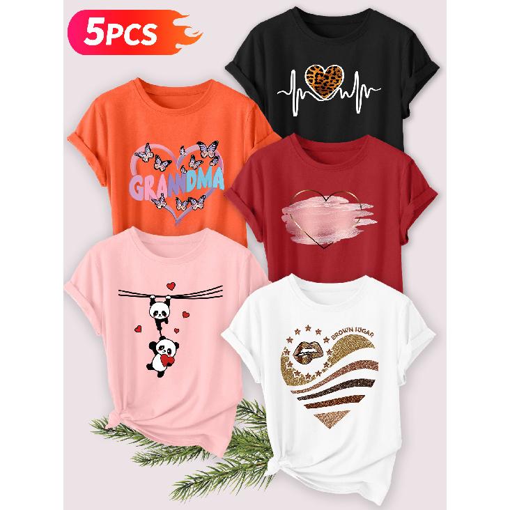 Five-piece set Elegant short-sleeved shirt for women Fun Panda Heart Series Printed Round Neck Women's Short Sleeve Shirt Suitable for Spring and