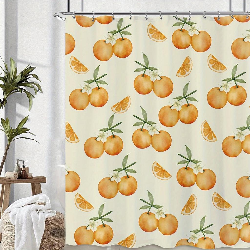 1pc Cute Orange Citrus Shower Curtain - Vibrant Fruit Design, Polyester, 70x70In, 12 Hooks, Summer & Year-Round Use