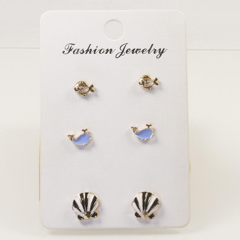 

S925 Silver Needle Korean Edition Ocean World Stud Earrings Set Women s Niche Design Fish Blue Whale Shell Earrings срібний