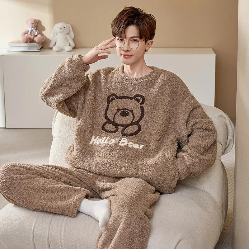 Pijama de Diseño Lindo de Moda para Hombre Otoño Invierno Forro Polar Coral Espesado Cálido Suave Masculino Polar Térmico Conjunto Ropa de Casa Juvenil
