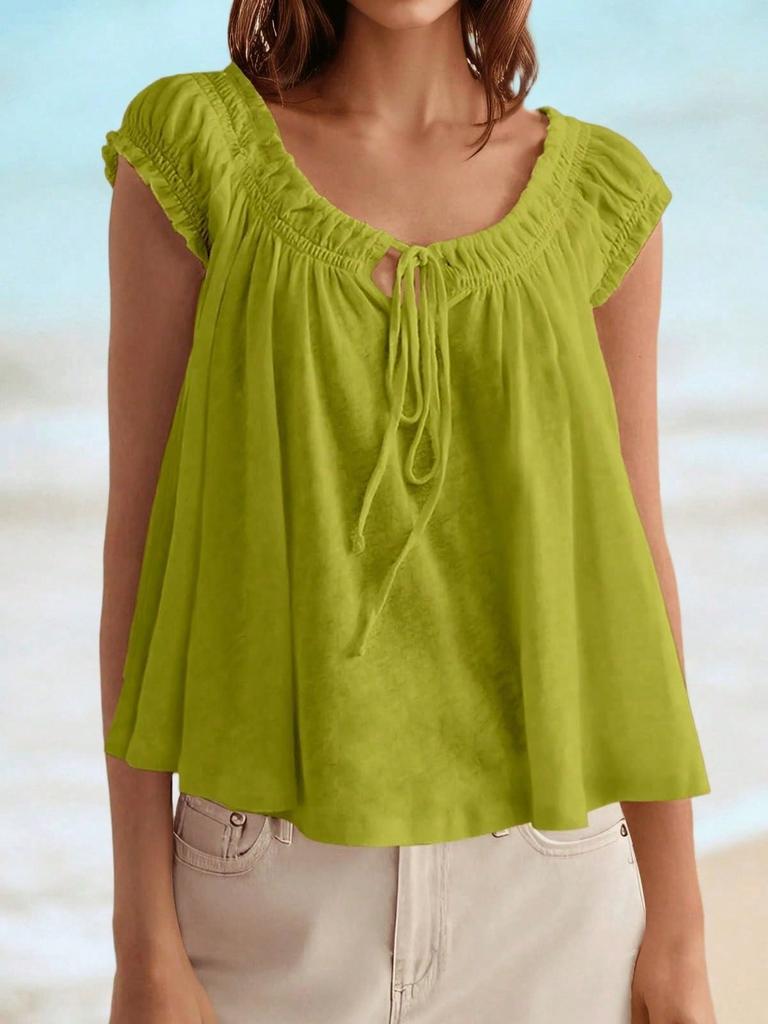 Womens Summer Tie Front Babydoll Top Cap Sleeve Pleated Flowy Blouse
