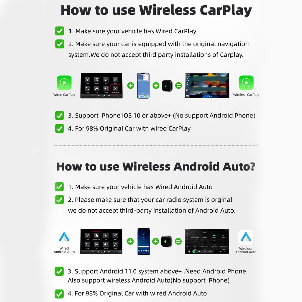 2 In 1 Wireless CarPlay Android Auto Adapter Wired To Wireless Smart Car Play Dongle with USB To USB USB To Type C Cables Original Car Radio