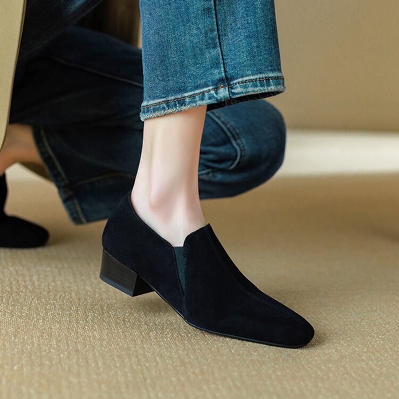 Fashion NEW Spring/Autumn Women Loafers Sheep Suede Leather Shoes for Women Square Toe Chunky Heel Soft Shoes Black Elegant Women Pumps