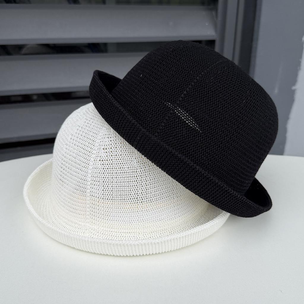 Curled knitted bucket hat women's spring summer breathable sunshade basin hat travel versatile cotton and linen top hat