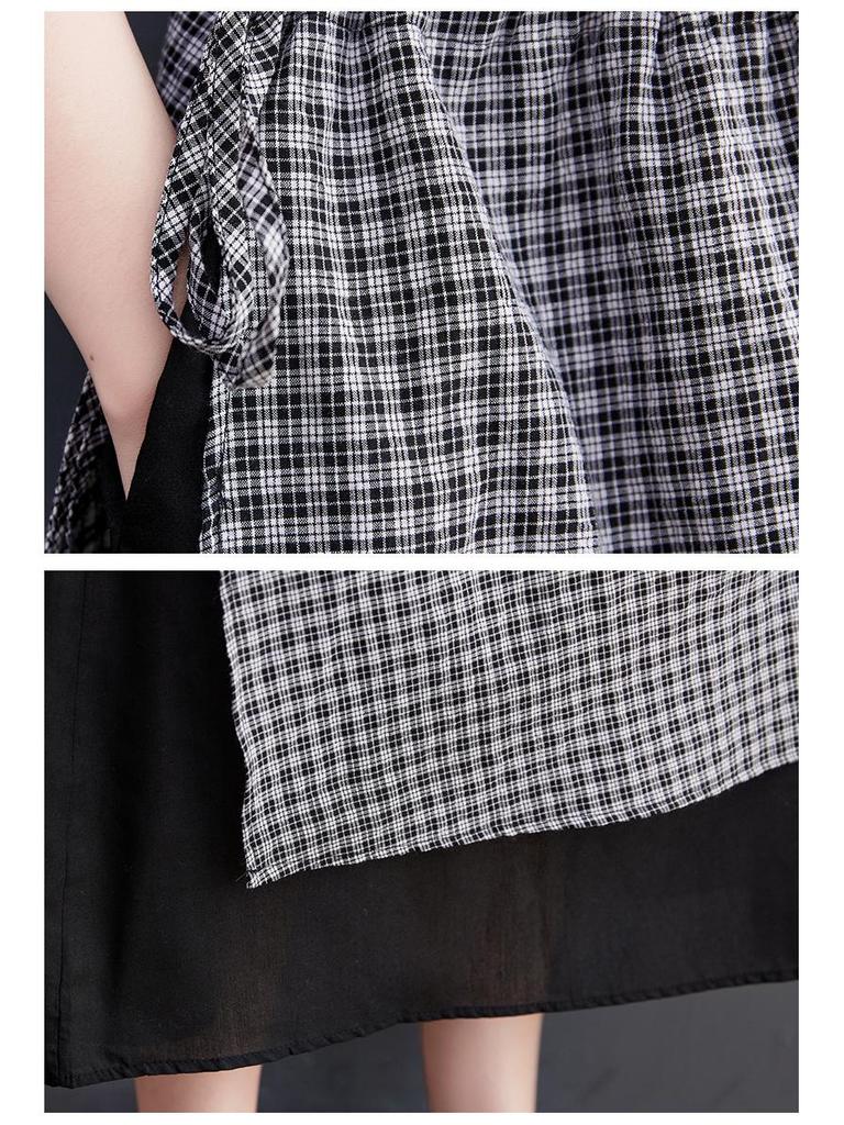 2022 Summer Korean Plus Size Plaid Waist-Gathering A-Line Dress