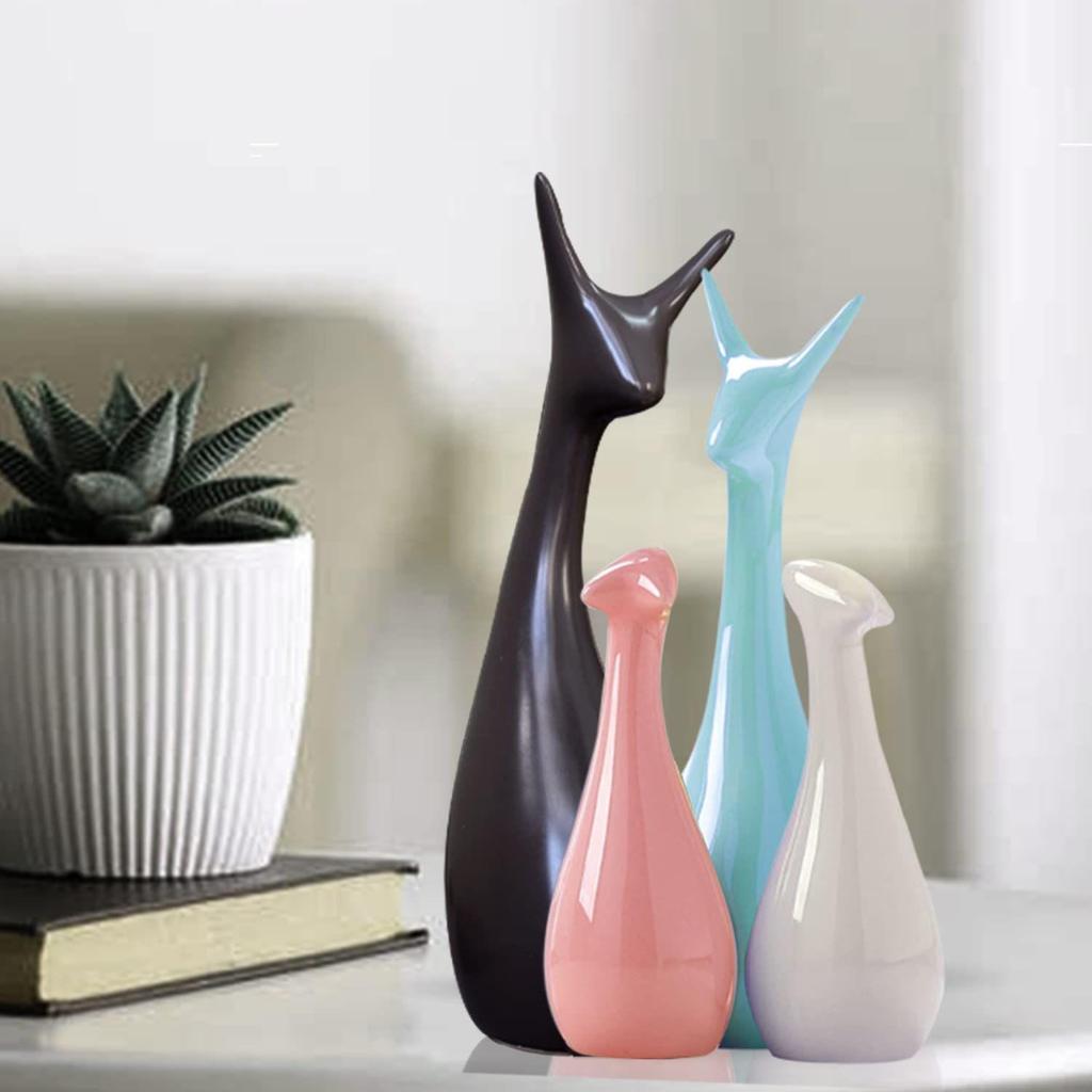 Home Decor Lucky Deer Family Matte Finish Ceramic Figures- (Set of 4, Sky, Brown, Pink, Off-White)