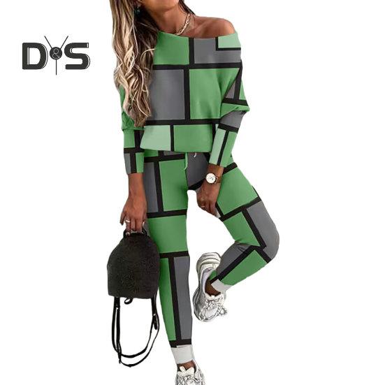 2 ks/sada Dámské svrchní kalhoty Barevný oblek Odpovídající Off Shouder Dlouhý rukáv Volný Elastický pas Patchwork Ženy Jarní Podzim Tričko Kalhoty Set Lady