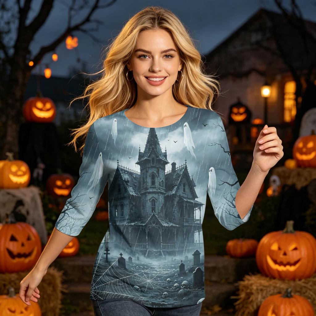 Women's Halloween Print Casual Round Neck -Quarter Sleeve for Holiday Party