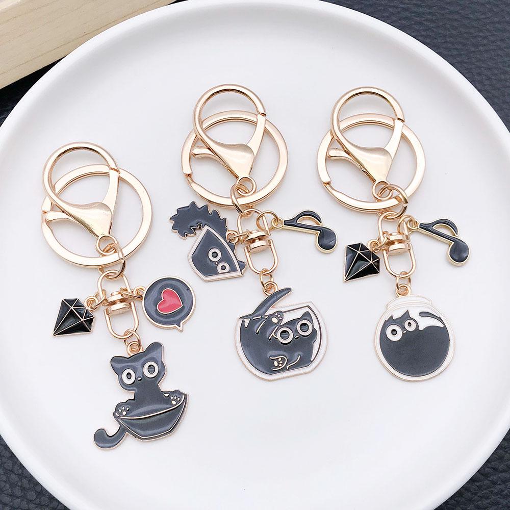 Dripping Oil Cartoon Black Cat Keychain Pendant: Cute Zinc Alloy Backpack Ornament In 6 Styles
