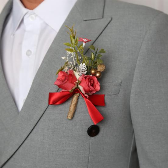 Lapela de Terno Masculino Flor Artificial Pulseira de Pulso Reutilizável Pulseira Floral Alta Simulação Versátil Celebração de Negócios Lapela