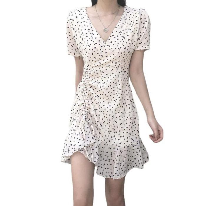 

Summer new French niche V-neck floral skirt drawstring short temperament small Platycodon dress women S