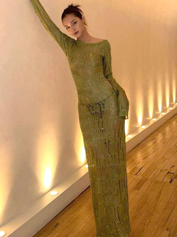 EDOLYNSA 2024 Sexy Backless Slim Cut Out Party Beach Maxi Dress Tricotat Beachwear Femei Piscina Vacanta Costum de baie Bikini Cover-up A2754