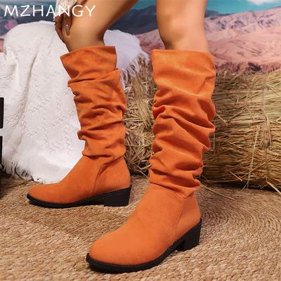Suede Naiste Paksud Kõrged Saapad Keskmise Kontsaga Disainer Volditud Kingad Naine 2025 Trend Chelsea Saapad Kingad Talv Uus Mujer Goth Saapad
