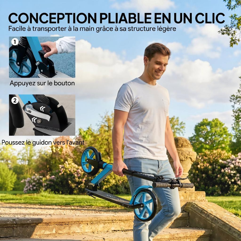 Folding Scooter for Adults 14+, Adjustable Handlebars, Aluminum, 91.5 x 36.5 x 104 cm, Blue