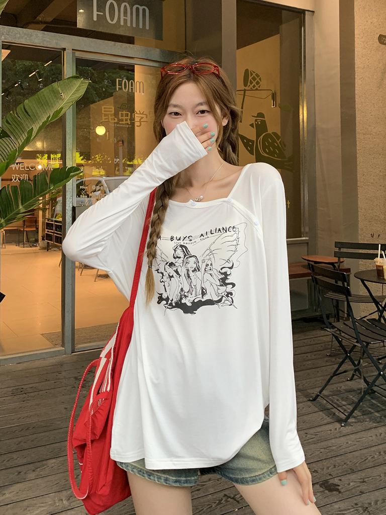 White Girly Anime Printed Long-sleeved Sunscreen Blouse T-shirt Women's Summer New Loose and Thin Top