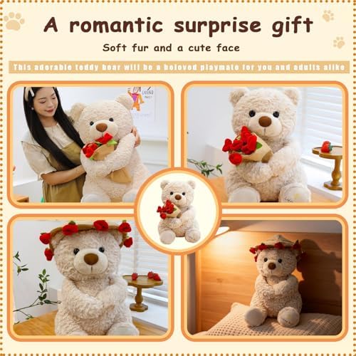 30cm Teddy Bear Plush Toy with Rose Bouquet and Hat, Romantic Valentine's Day Birthday Gift for Women Girls, Decoration Doll (Beige)