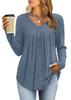 Women's V Neck Ribbed Knit Long Sleeve Tunic Top Pleated Front Curved Hem Casual Fall Blouse