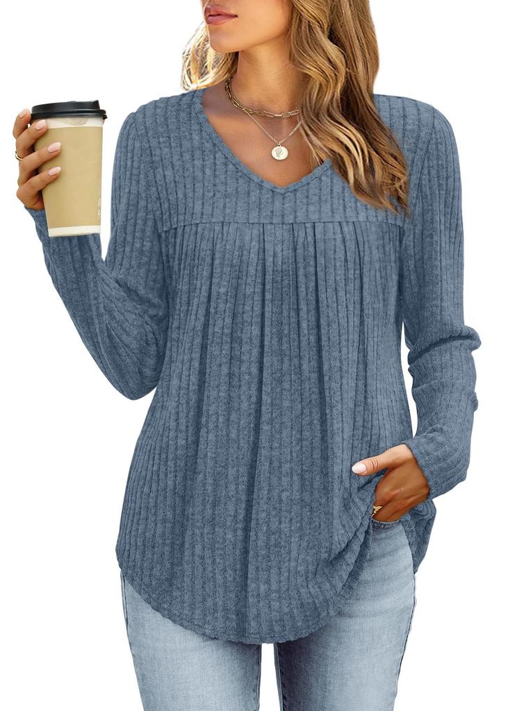 Women's V Neck Ribbed Knit Long Sleeve Tunic Top Pleated Front Curved Hem Casual Fall Blouse