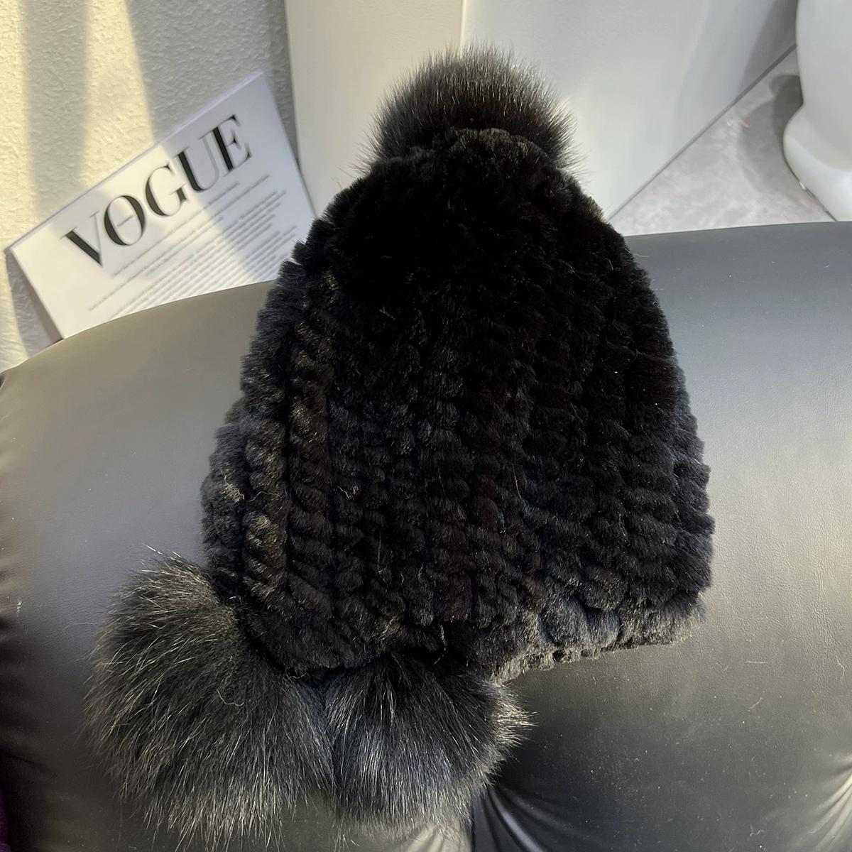 

Девушка Милая Шапка из Натурального Меха Кролика Рекс Большая Шапка-Помпон из Лисьего Меха Утепленная Теплая Шапка-Ушанка Зима 7-15 years old can wear чёрный