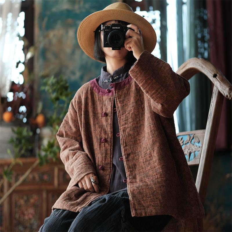 Johnature Γυναικεία παρκά με λουλούδια vintage στάμπα με μακρύ μανίκι με λαιμόκοψη και βαμβακερό μαλακό παλτό Πάρκα χειμερινού κινέζικου στυλ