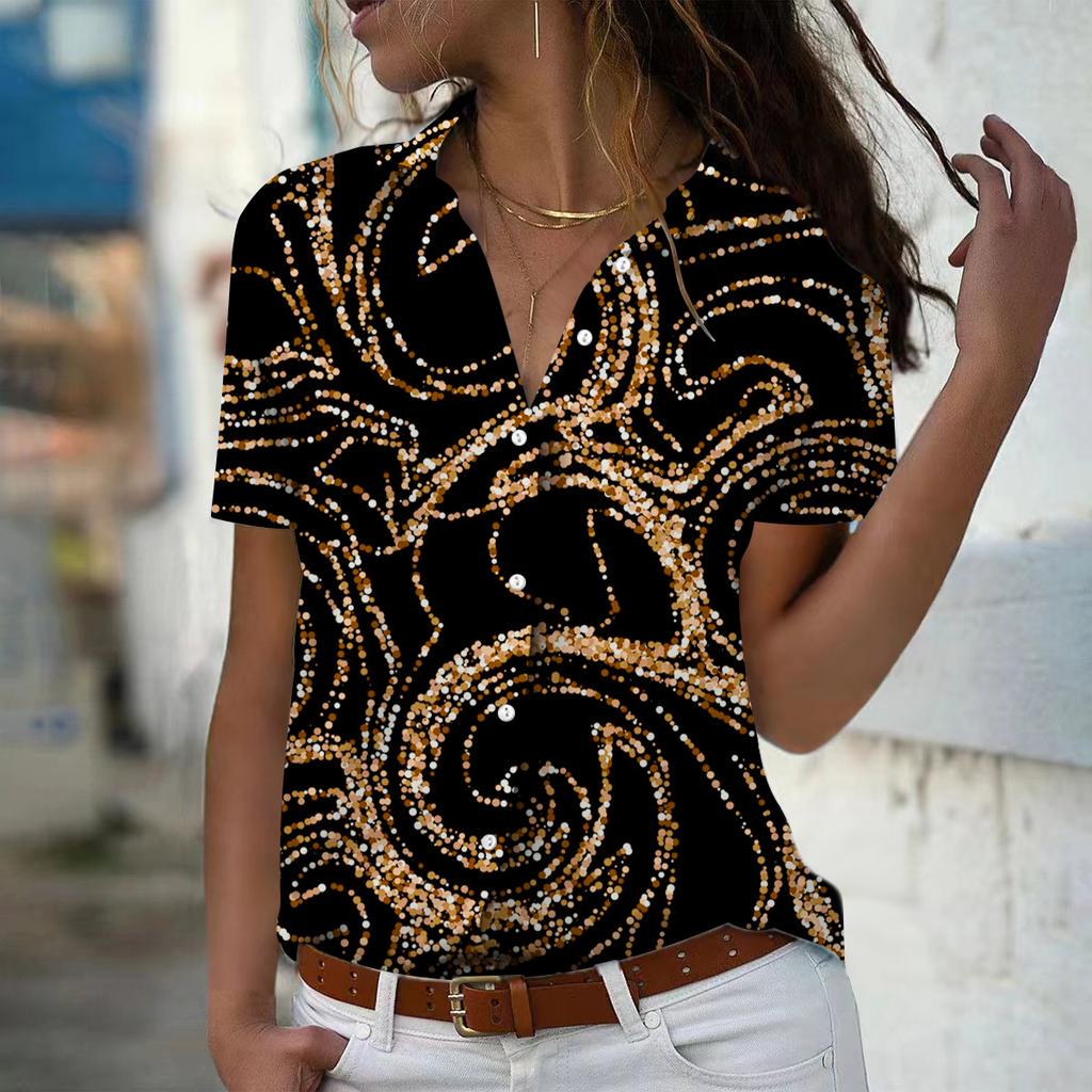 2025 Summer New Fashion Women's Line Printed Short Sleeve V-neck Casual Button-down Shirt Top