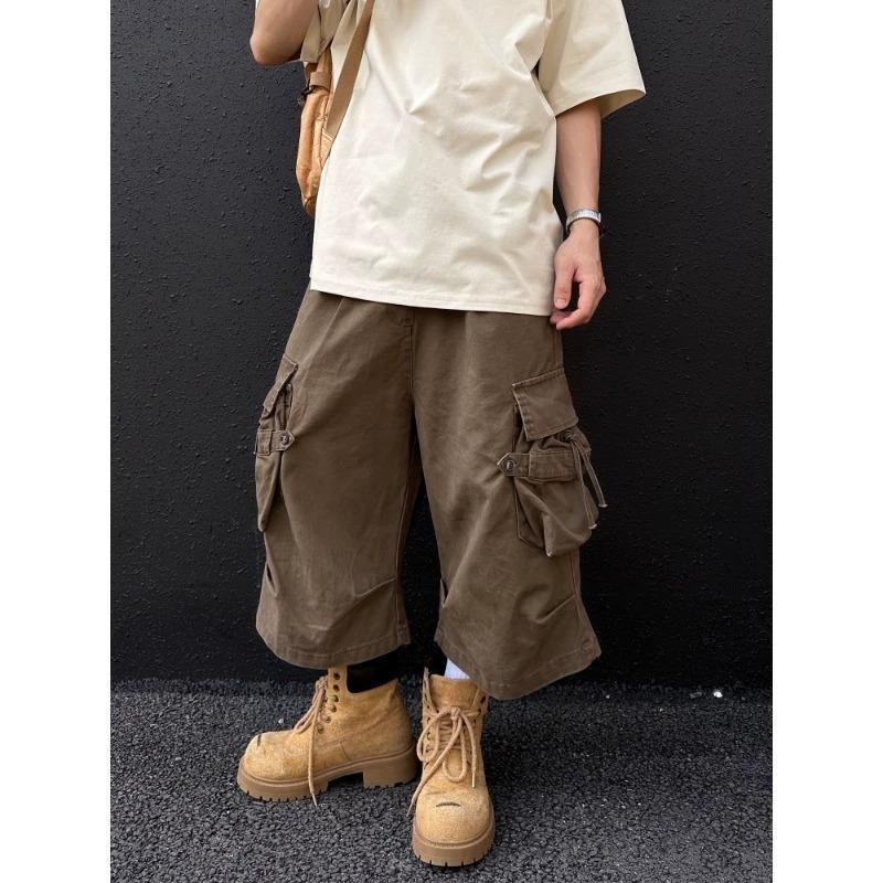 Pantalones casuales de verano finos de siete puntos retro rectos americanos multi-bolsillo de trabajo para hombre sueltos pierna ancha algodón puro no
