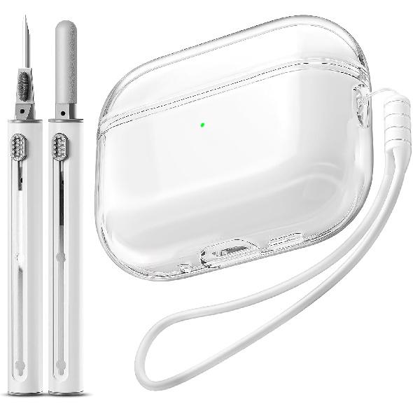 EQD AirPods Pro 2 Kılıfı Şeffaf, Temizleme Kiti ve Anahtarlık ile, Beyaz