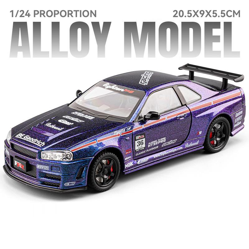 1:24 Scale GTR-R34 M3 Sports Car Model Toy Shock Absorption Pull Back Supercar Metal Body Sound Light Models Kids Presents