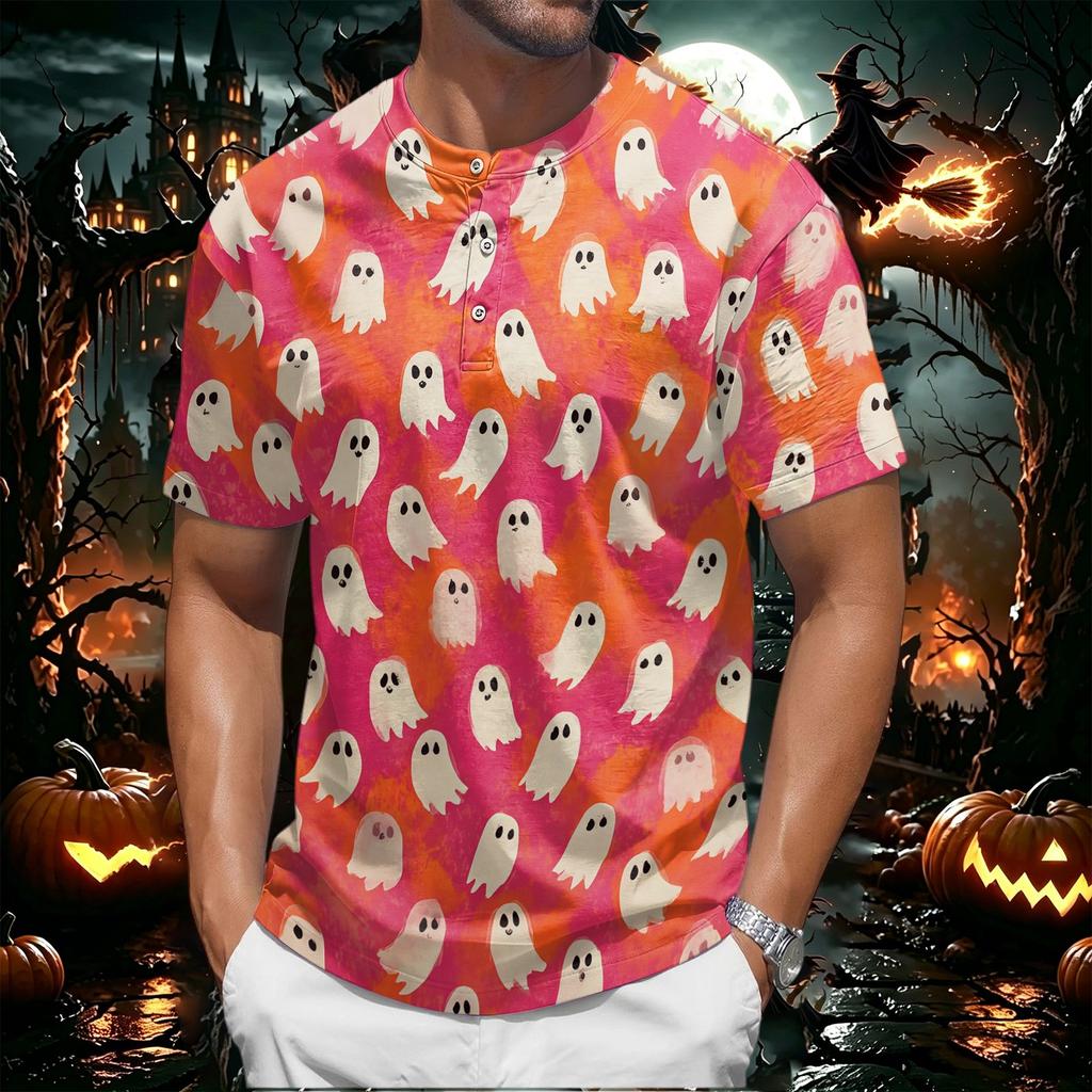 Men's Halloween Print Short Sleeve Henley Shirt Casual Round Neck Tee with Button Detail Suitable for Seasonal Wear