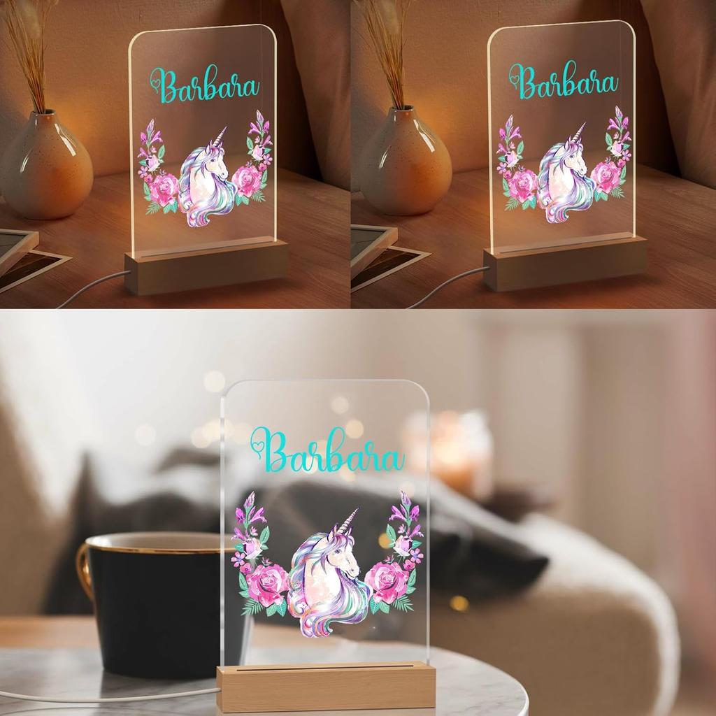 Personalized Night Light for Kids Custom Engraved Name Acrylic LED Lights with Wood Base for Nursery Bedroom Decor Night Lamp, Customized Birthday