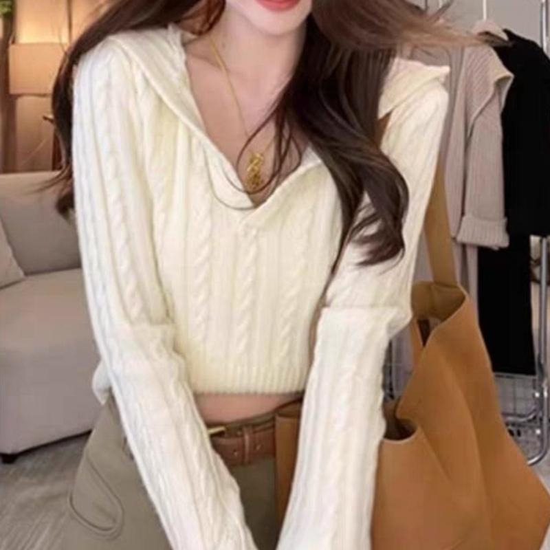 Women's Autumn Korean Style Casual Lazy Temperament Pullover Sweater Cable Knit Fashion Short Top