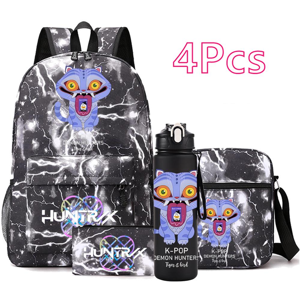

4Pcs/set Anime Cute KPop Printed Backpack with 750Ml Water Bottler for Teenager Student Girl Boy Bookbag Kid Gift Large Capacity waterproof Travel Bag