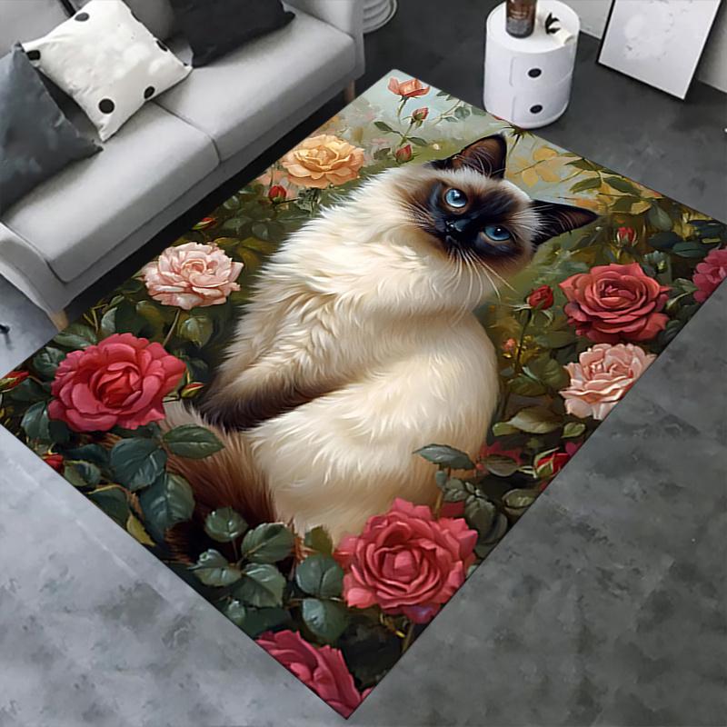 Siamese Cat and Roses Chair Mat: Office Carpet, Oversized Rug for Home Decor, Sofa Mat, Desk Pad Gift Suitable for Bedroom, Living Room, Any Room