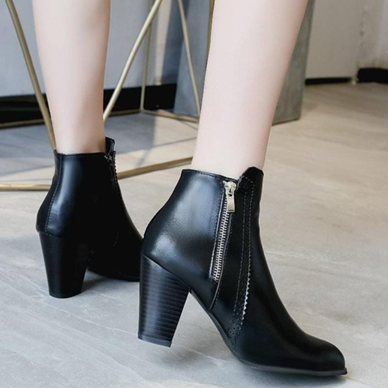 Fashion Women's Boots Chunky Heel Womens Ankle Boots Pu Leather Non Slip High Heels Side Zip Fashion Women Shoes Retro Zapatos De Mujer