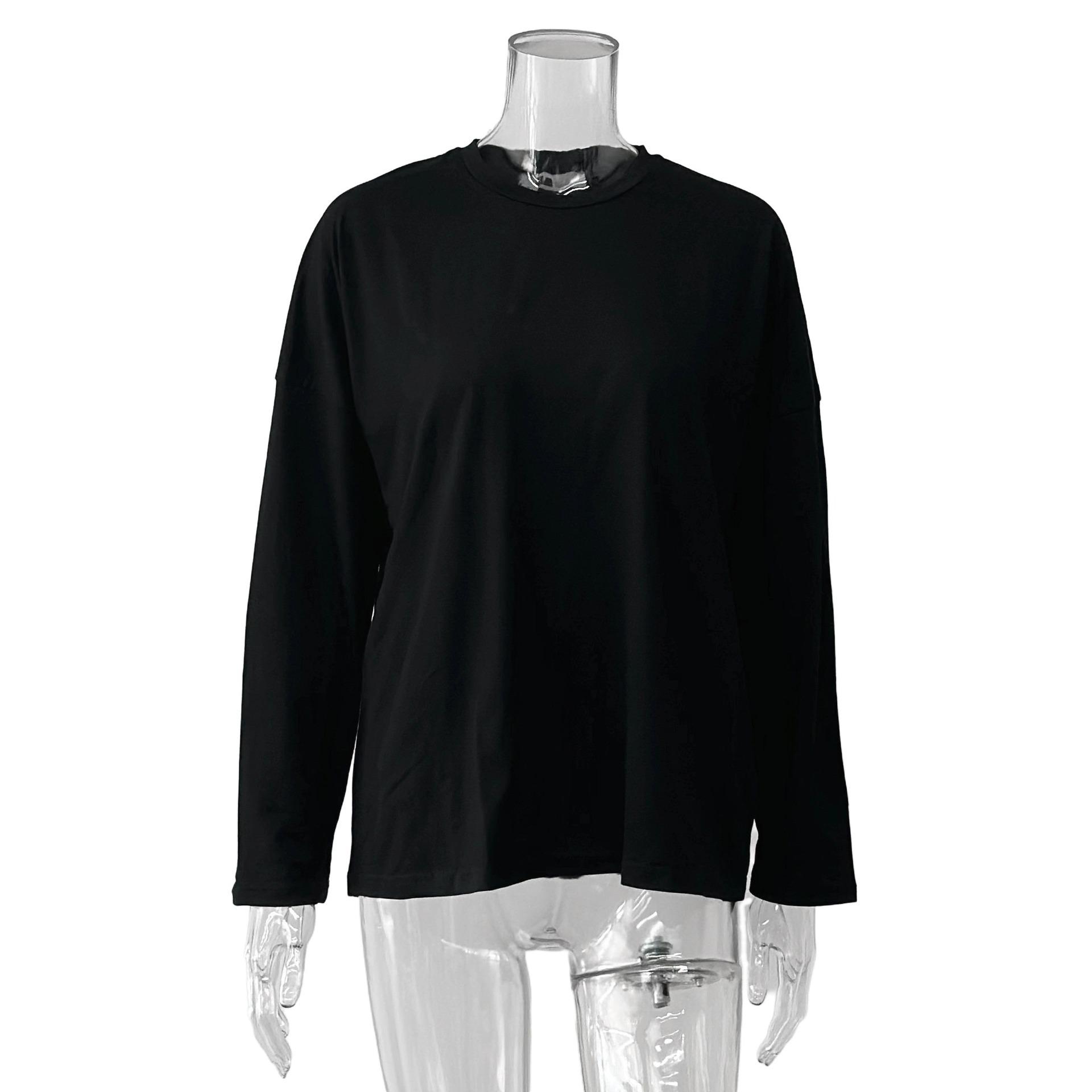 

Весенне-осенняя простая хлопковая однотонная футболка с длинным рукавом для женщин, свободный повседневный топ с круглым вырезом XL чёрный