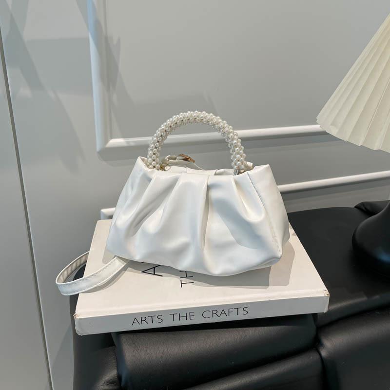 

Pleated fashion pearl handbag spring new versatile texture shoulder crossbody small square bag білий