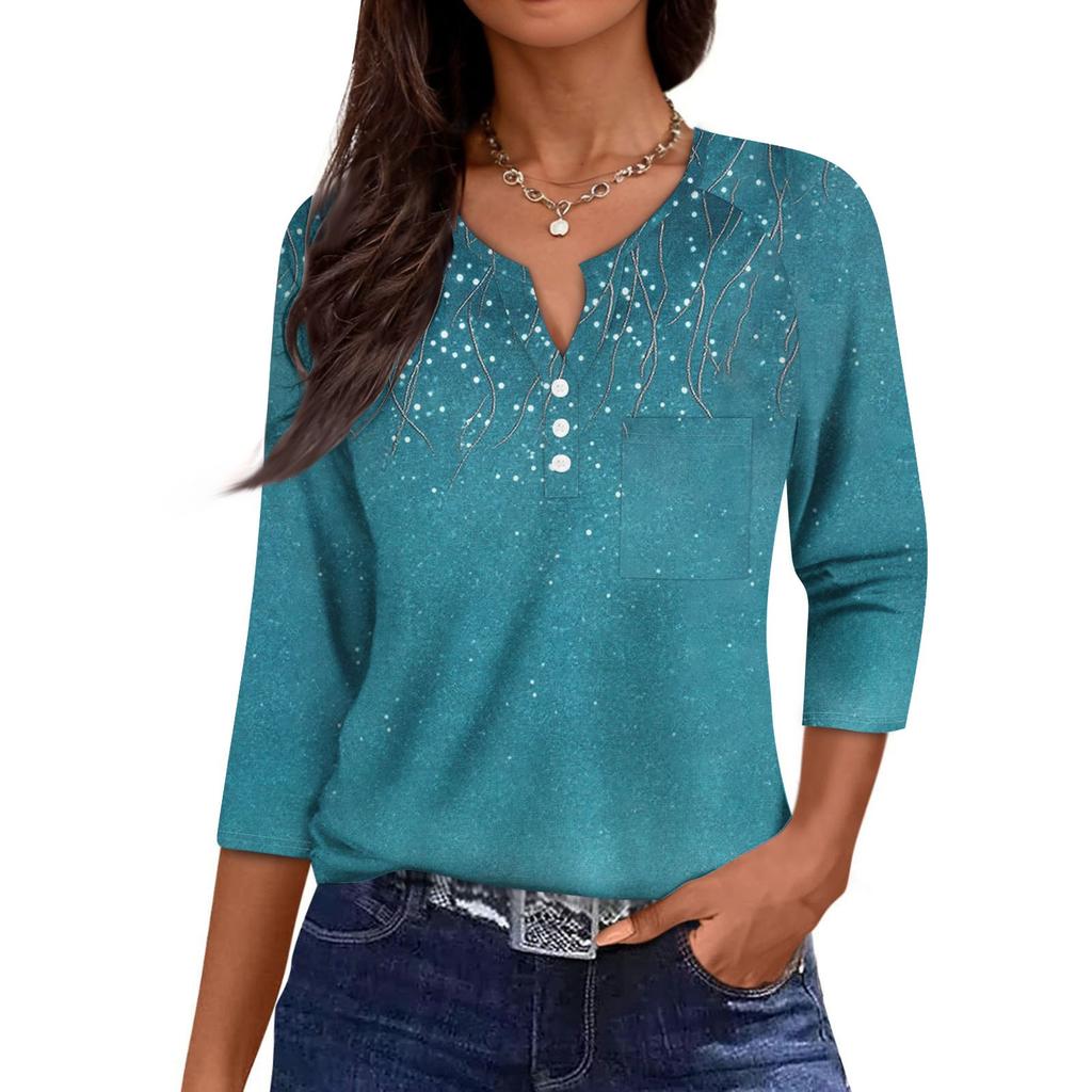 Women's Casual Fashion V-neck Loose Versatile Floral Print Three-quarter Sleeves