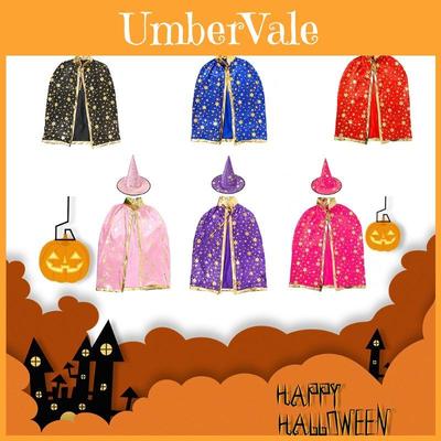Halloween Wizard Cape Witch Cloak Kids Costume With Star Pattern And Hat For Cosplay Party