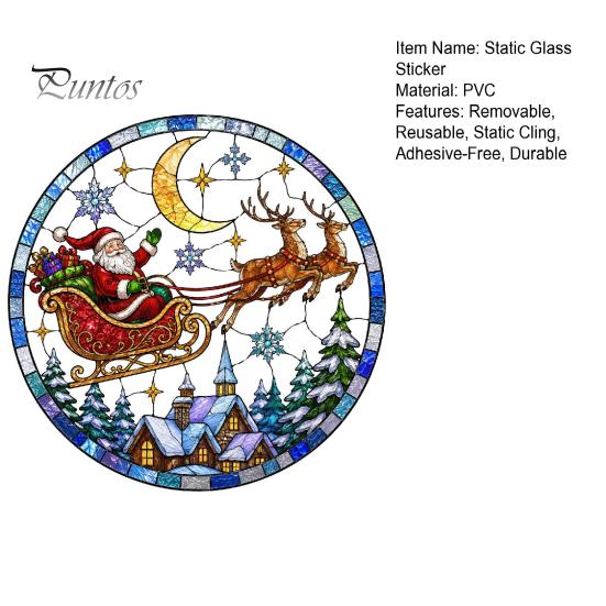 Retro Art Window Decoration Christmas Santa Sleigh Suncatcher Cling, Stained Glass Style Static Holiday Party Ornament Sticker, Rainbow Film