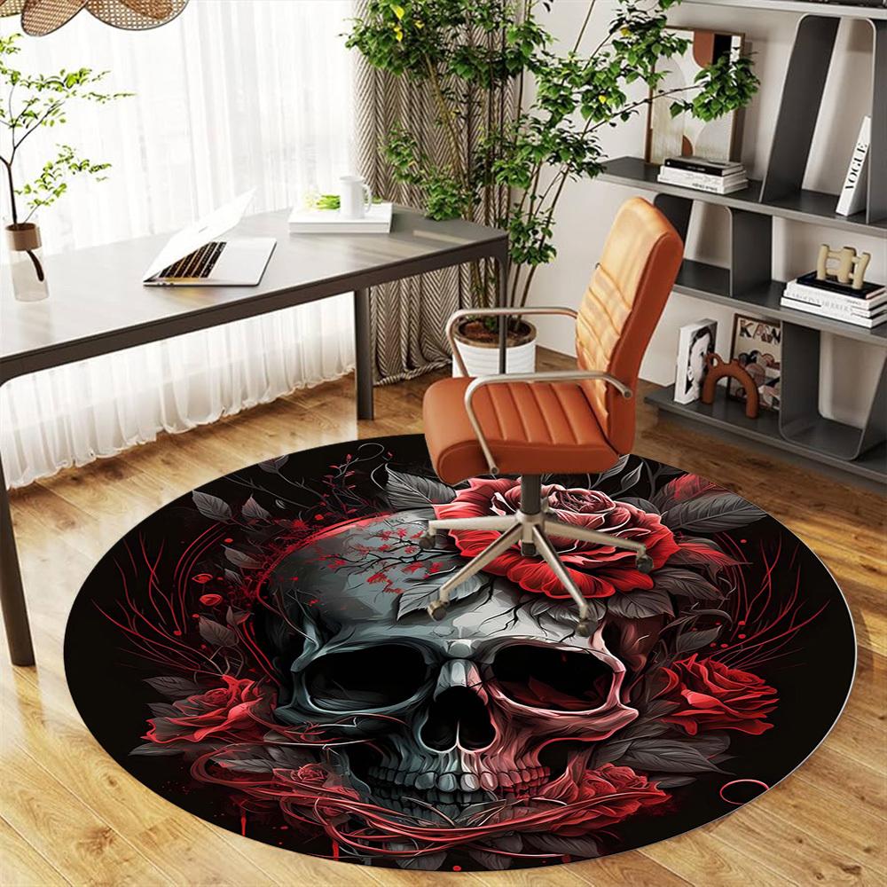 1pc Skull Rose Round Chair Mat Area Rug - Non-Slip, Floor Mat for Office, Bedroom, and Indoor Decor C1125632