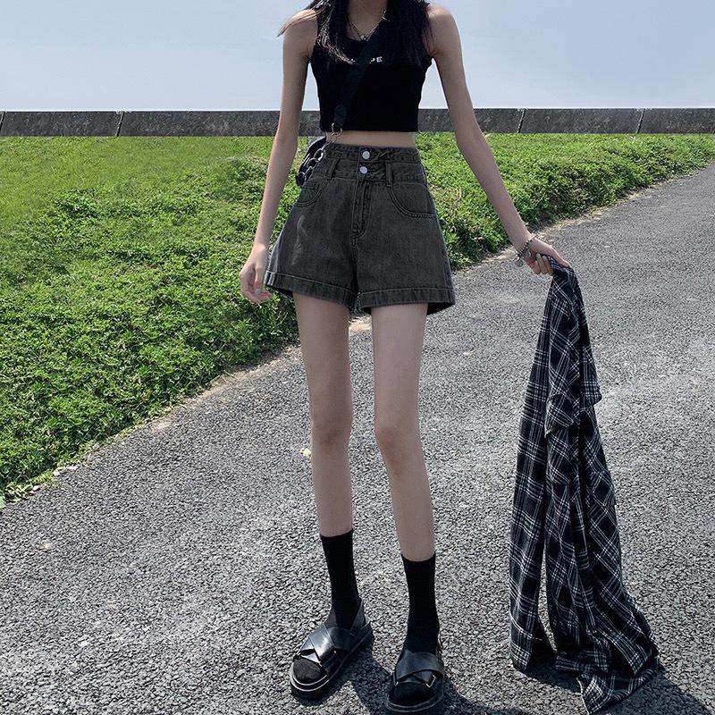 Women's High Waist A-Line Denim Shorts - Slimming, Double Button, Rolled Hem, Wide Leg, Summer Thin Style