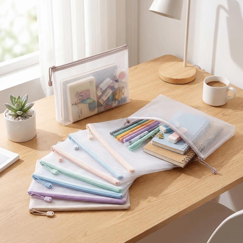 Clear Mesh Zipper Bags Waterproof File Pouch Essential Document Storage Bag Homework