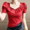 Fashion Summer Ladies Cotton T-shirt Elegant Short Sleeve Women Brand Top Shirts Chic Sexy Square Neck Ruffles Hot Diamonds Tees