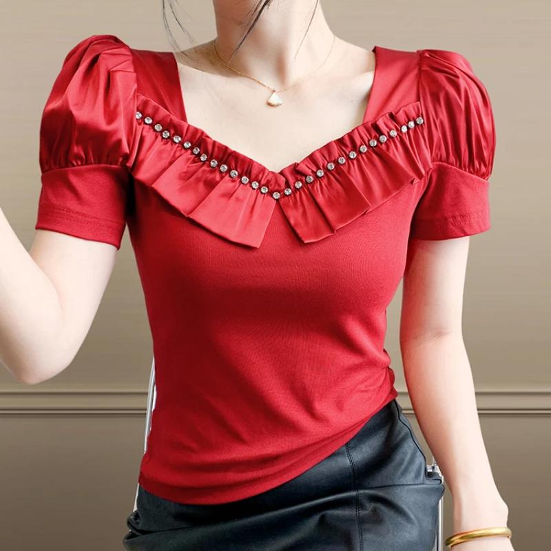 Fashion Summer Ladies Cotton T-shirt Elegant Short Sleeve Women Brand Top Shirts Chic Sexy Square Neck Ruffles Hot Diamonds Tees