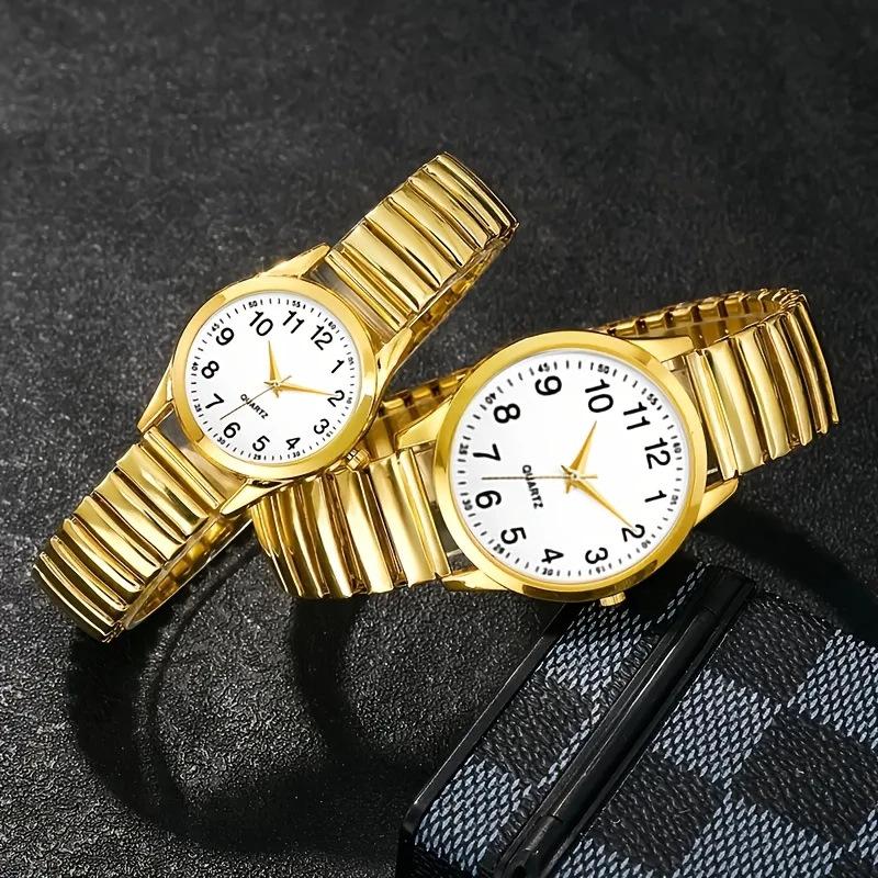 1/2PCS Couple Quartz Watch Fashion Creative Arabic Numerals Round Dial Elastic Band Elegant Couple Wristwatch Gift for Lovers