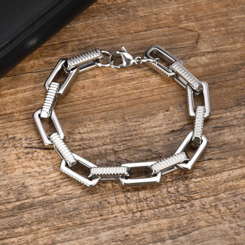Chunky Rectangle Chain Bracelet for Men,Stainless Steel Textured Square Chain Wristband,Valentine's Father's Day Birthday Gift