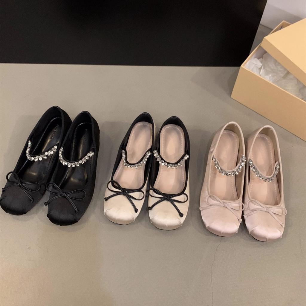 Modische Mary Janes Ballerinas für Damen Knöchel Kristallriemen Slipper Freizeitschuhe Neue Mode Runde Zehenpartie Schleife Einzelne Schuhe Damen Tanzschuhe
