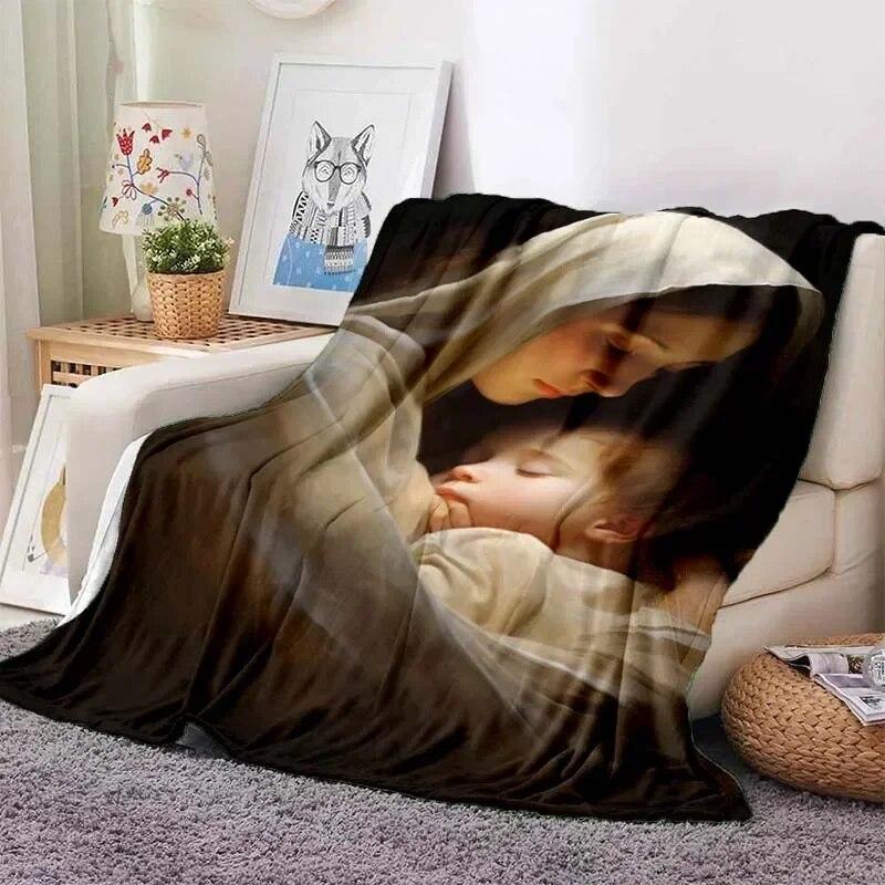 Virgin Mary Flannel Blanket Fluffy Lightweight Fleece Throw Blanket Comfort Soft Warm Baptism Cozy Nursery Bedding Decor Bedroom