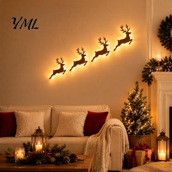 LED Backlit Silhouette Christmas Reindeer Wall Light, Wooden with Warm Backlight, Modern Farmhouse Interior Decor Battery Operated Lighted Festive Art