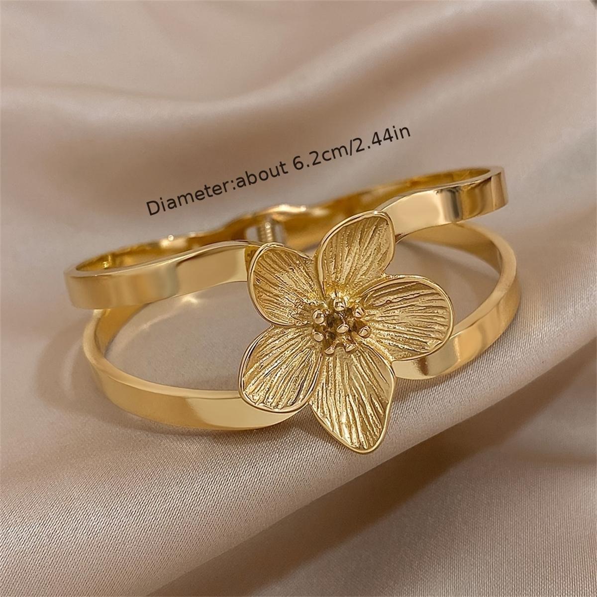 Elegant Delicate Polished Smooth Flower Stainless Steel Golden Bangle for Women Minimalist Nature Inspired Bracelet Gift